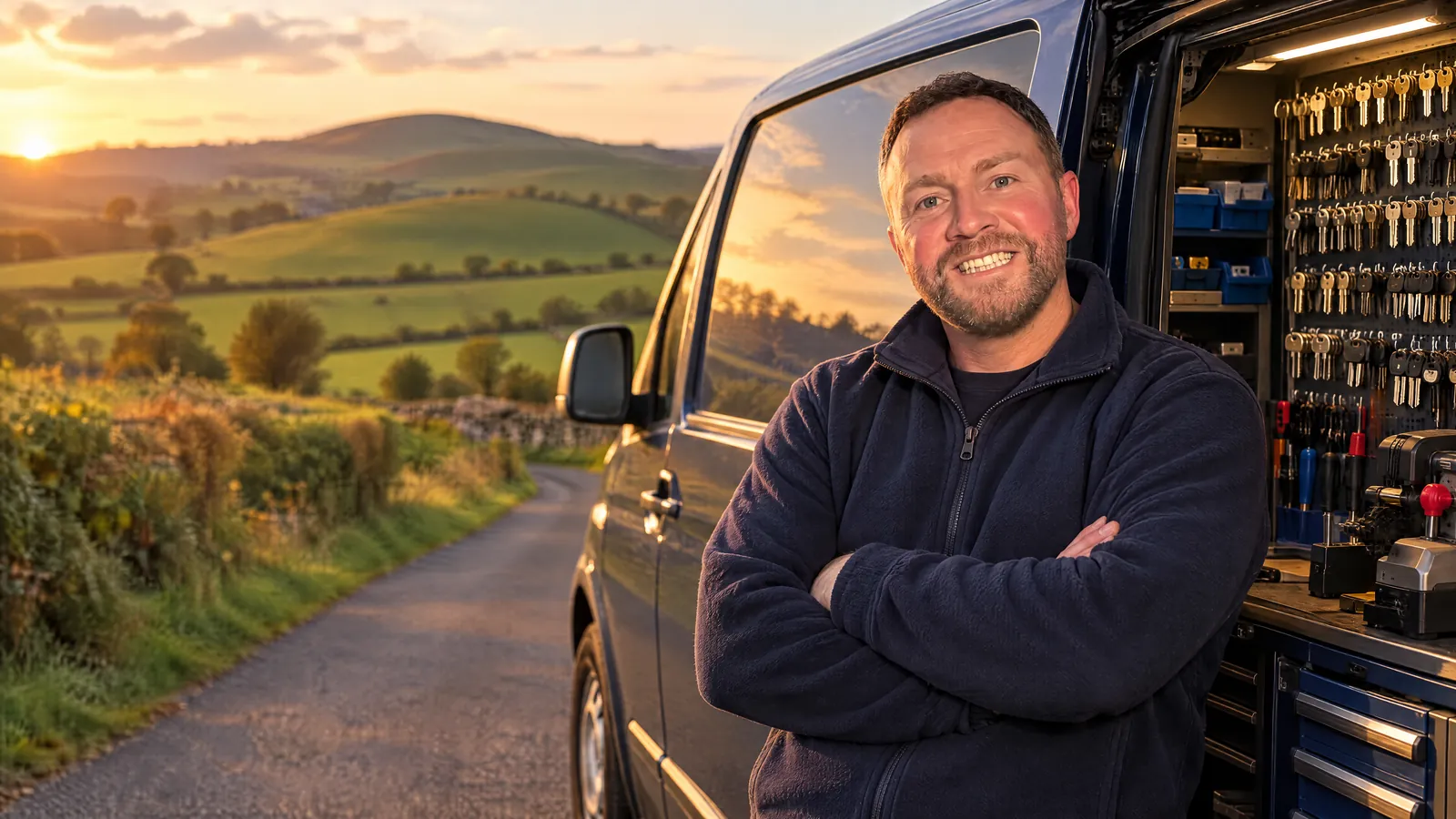 Brian Smith beside his locksmith van on a Monaghan country road at sunset