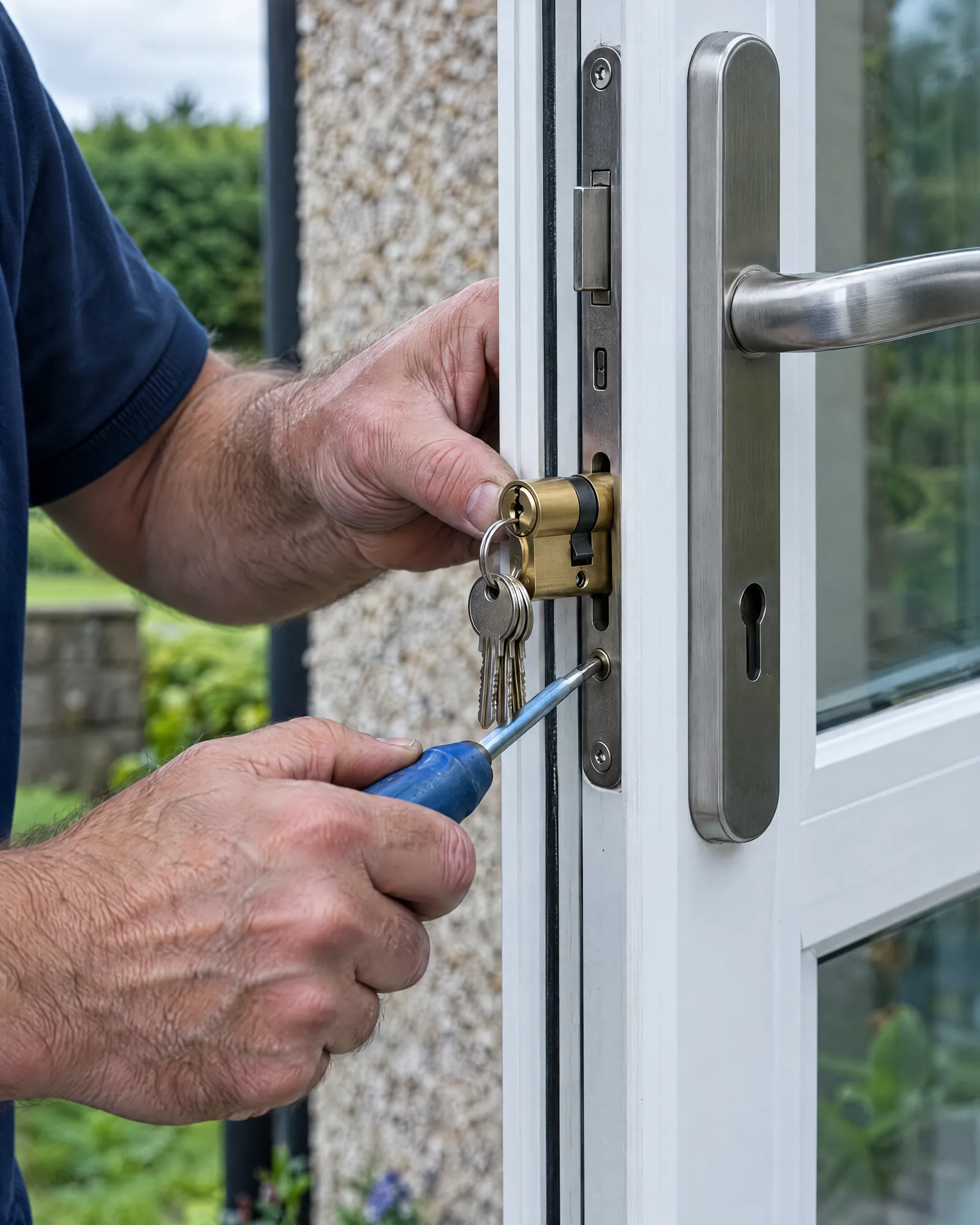 Close-up of a locksmith's hands fitting a new cylinder lock to a white uPVC door