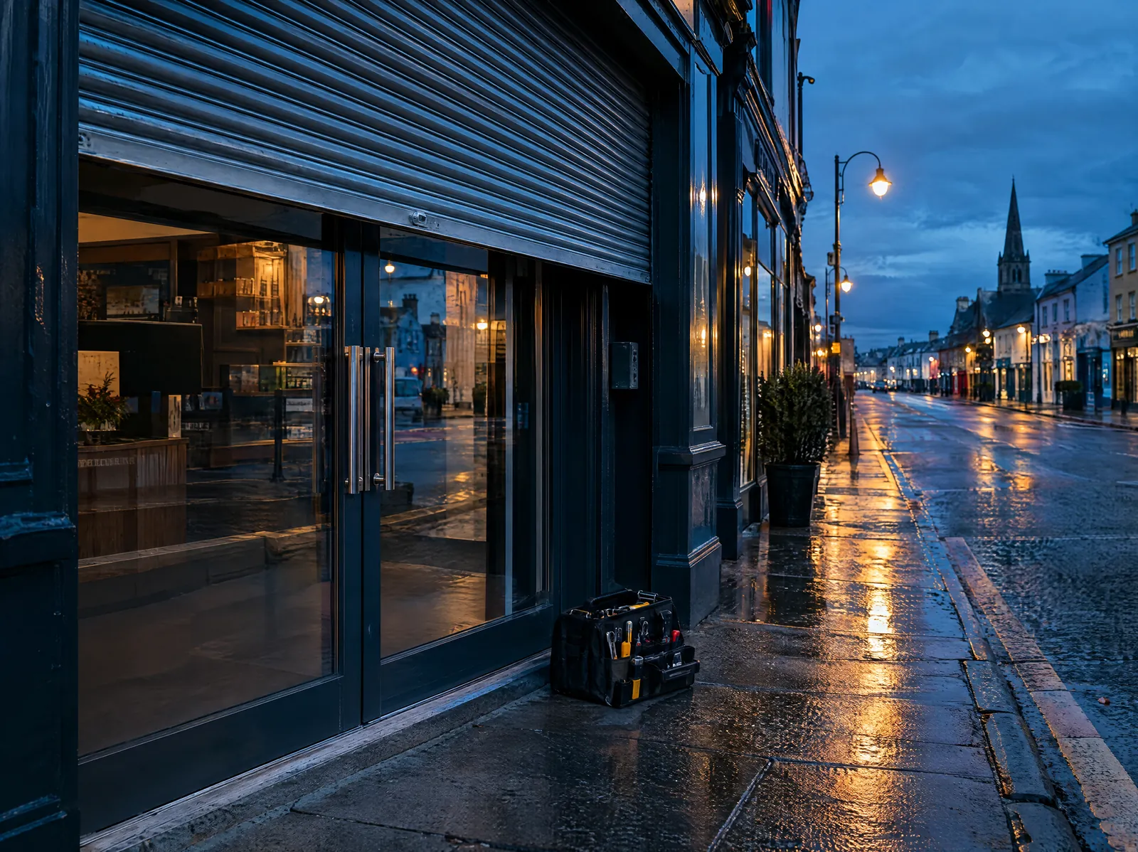 Shopfront with roller shutter on an Irish main street at dusk